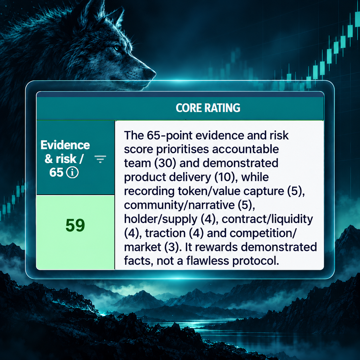Stylised Fundamental Wolf Research visual representing the Evidence and Risk score.