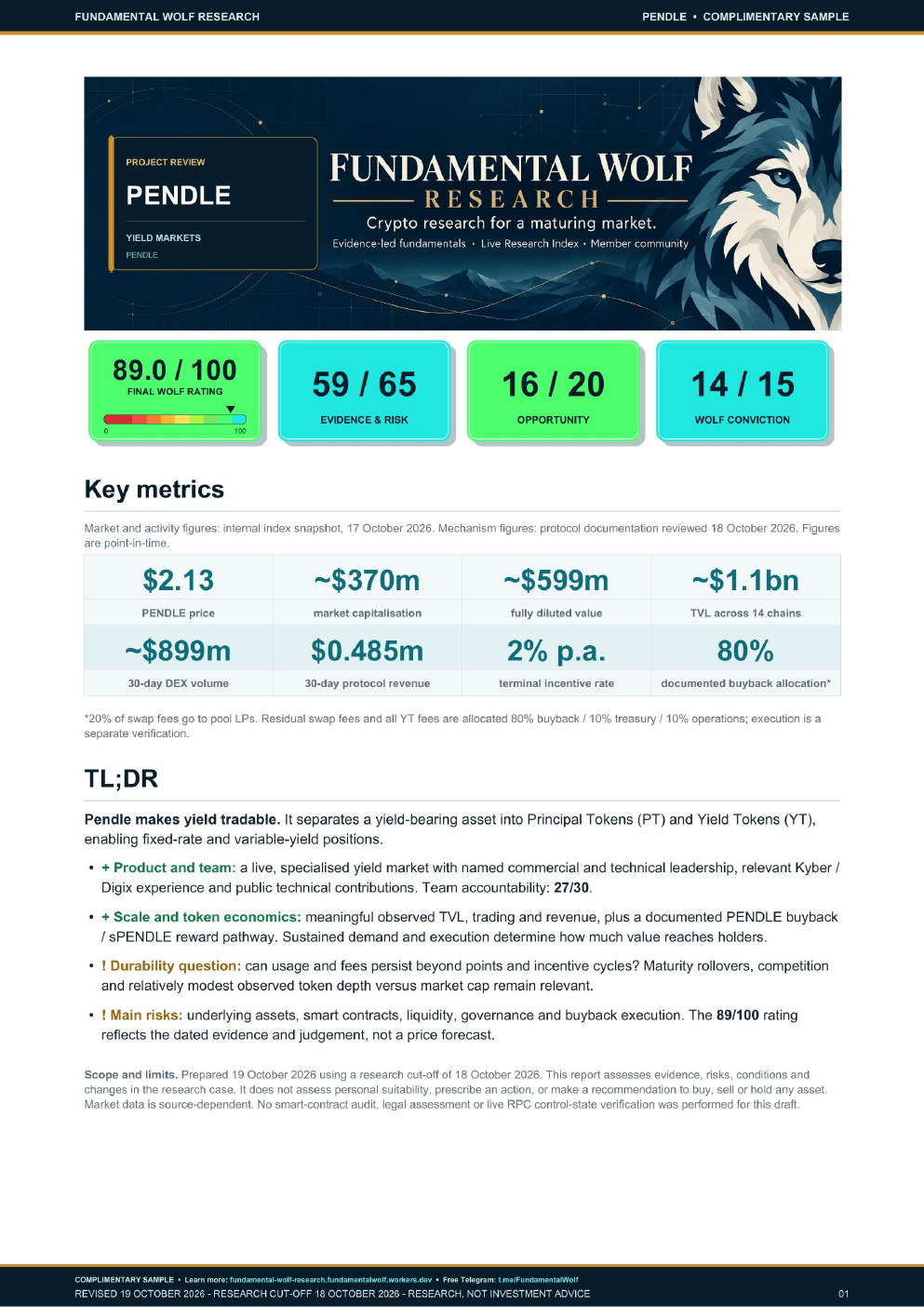 Page 1 of the PENDLE complimentary research sample: scorecards, key metrics and TL;DR.