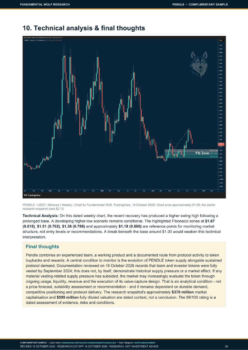 Page 8 of the PENDLE complimentary research sample: technical analysis and final thoughts.
